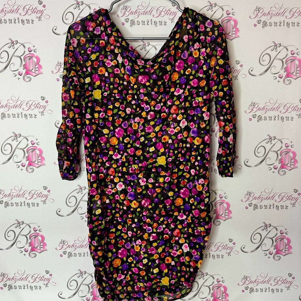 Anne Cole Black Floral Mesh Fabric flowers multicolor stretchy top shirt